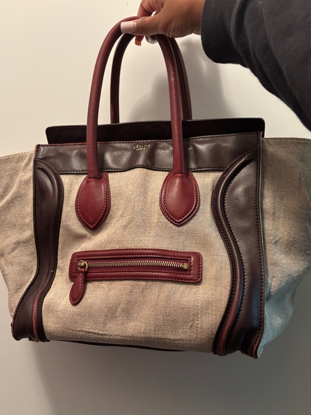 Celine Beige Canvas Tote with Burgundy and Dark Brown Leather Trim - Picture 2 of 10